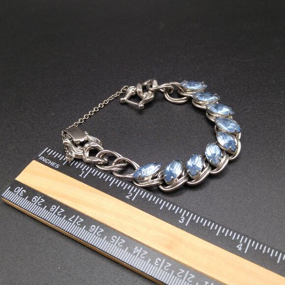 Light Vintage Blue Rhinestone Bracelet, Silver Tone Heavy Chain, 1950s - Picture 10 of 10